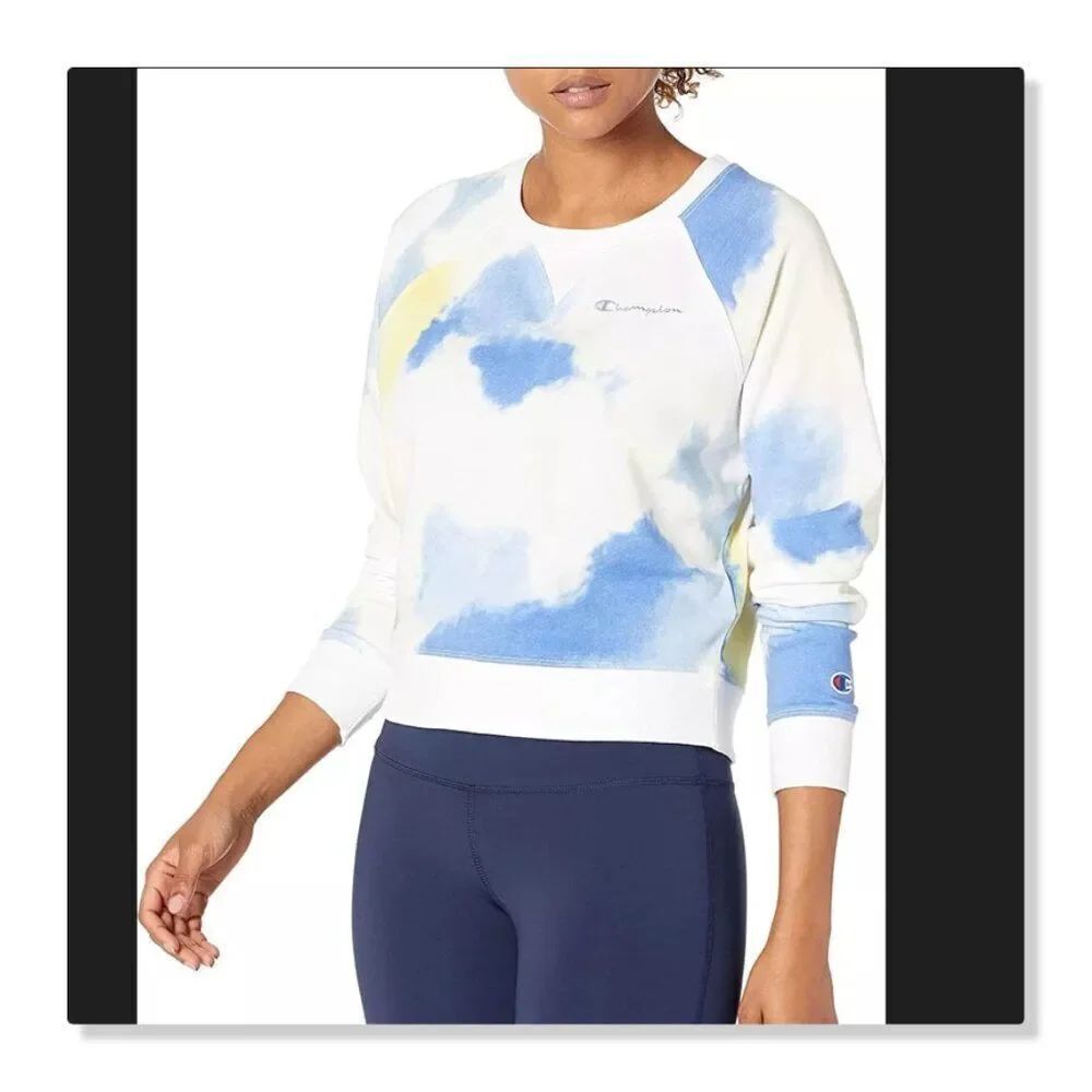 😎 CHAMPION 😎 Tie Dye French Terry Cropped Sweatshirt - [Small, Yellow/Blue]